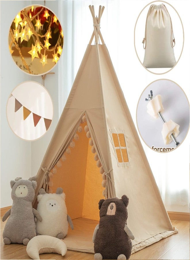 Rongfa Teepee for Kids Tent Indoor with Floor Mat,Carry Bag,Banner,Play Cottage with Star Light, Cotton Canvas Kids Teepee Tent for Girls & Boys, Pompom Ball Design, Foldable Teepee Tent - Image 4